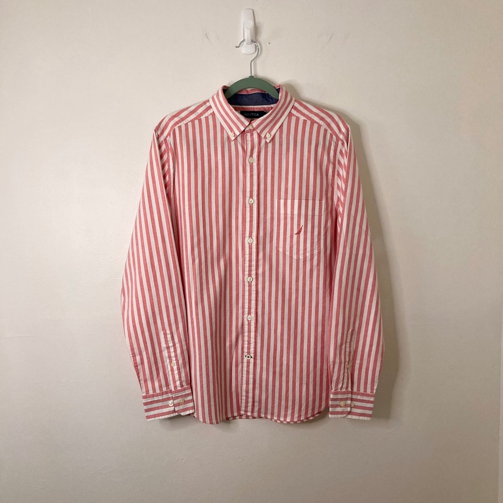 Nautica Mens Classic Fit Stretch Oxford Shirt Preppy Coastal Red White Striped M